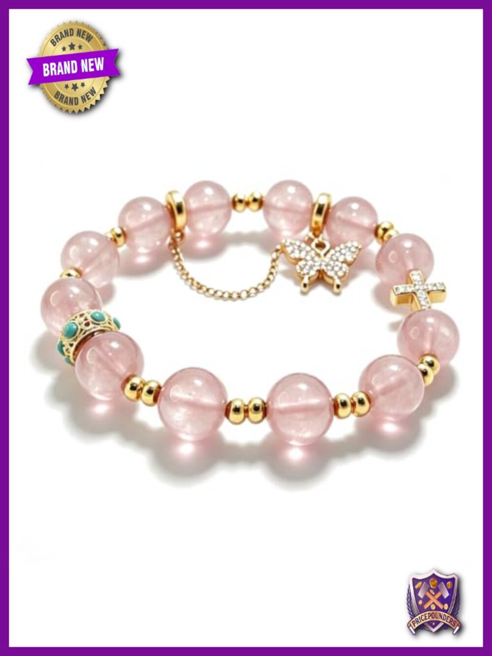 Natural Crystal Stone Beaded Stretch Bracelet with Cross & Butterfly Charm -